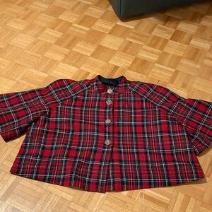 April Cornell Red Plaid Cape with Button Details